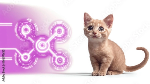 Fototapeta Cute orange kitten sits beside tech inspired graphic featuring interconnected nodes and circuits, symbolizing innovation and creativity. image evokes sense of playfulness and modernity