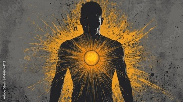 Fototapeta Mythological with extraordinary power mystical impression, strong and full of energy, humanoid holding a ball of light in the middle of a vortex of energy