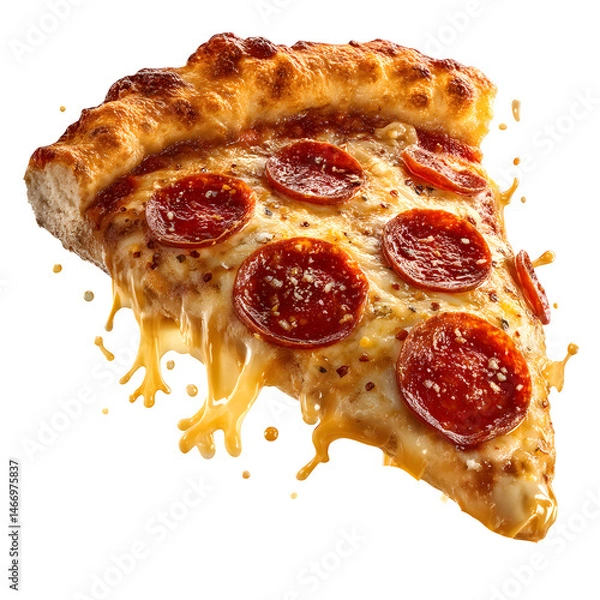 Fototapeta Delicious Pepperoni Pizza Slice with Melted Cheese and Sauce Dripping