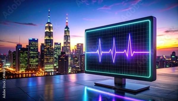 Obraz Computer Screen with Heartbeat Graphic Against Cityscape