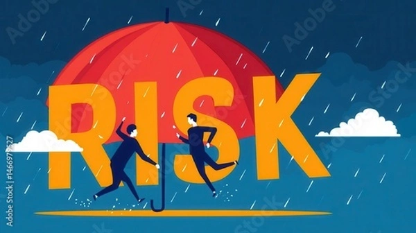 Fototapeta Two figures under a large umbrella shielding the word risk.