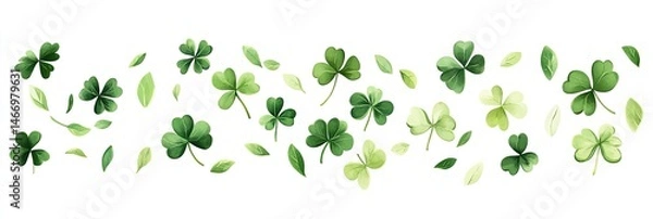 Obraz Delicate clover and leaf design.  Various shades of green clover leaves and smaller leaves scattered on a white background create a flowing, natural design