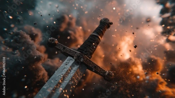 Fototapeta The powerful and fantastic impression of the legendary sword burning among the clouds of dust gives a sense of incredible power, anger or energy.