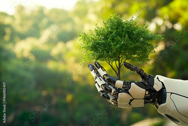 Obraz Photo of an artificial intelligence robot holding a green tree in its hand for an environmental protection concept, with a nature background