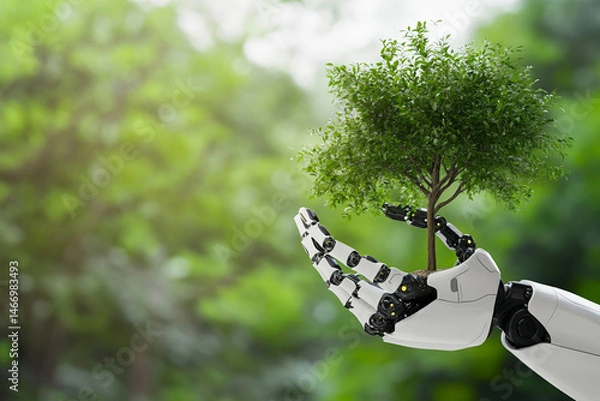 Obraz Photo of an artificial intelligence robot holding a green tree in its hand for an environmental protection concept, with a nature background
