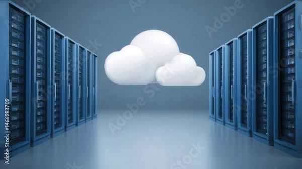 Fototapeta Digital illustration of server racks and cloud computing.