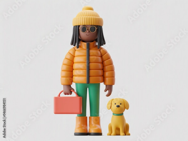 Fototapeta Stylized 3D Character in Yellow Puffer Jacket with Small Dog