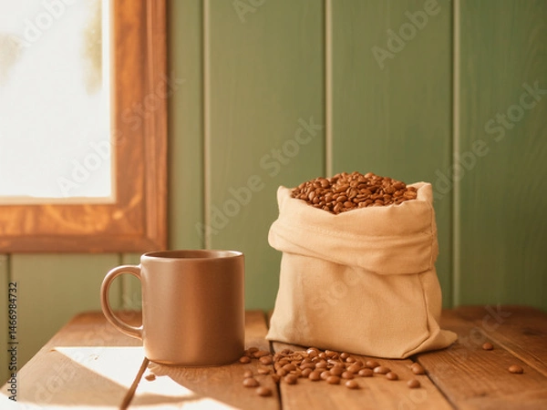 Fototapeta Rustic Coffee Setup with Ceramic Mug and Fresh Beans in Burlap Pouch