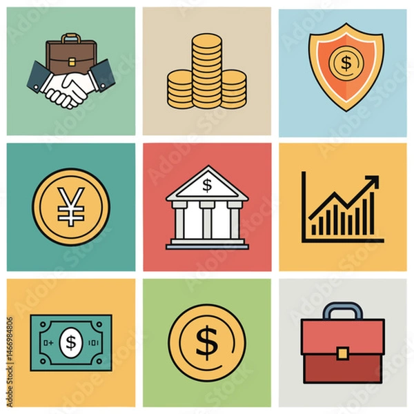 Obraz Finance and Banking Icons Set – Vector Illustration of Money, Currency, Banking, Investment and Business Concepts