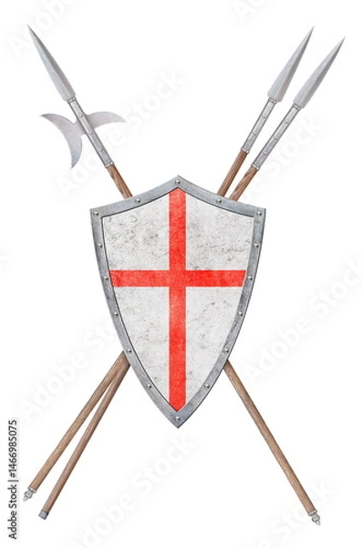 Fototapeta shield with halberd and two spears isolated on white