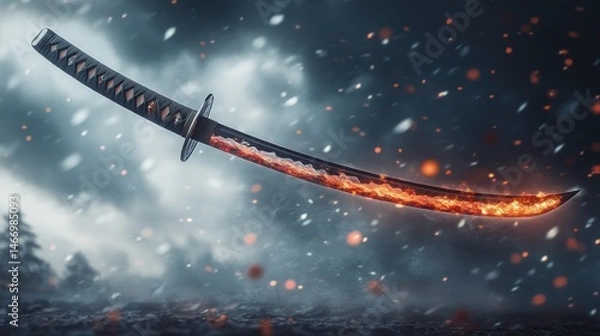 Fototapeta The powerful and fantastic impression of the legendary sword burning among the clouds of dust gives a sense of incredible power, anger or energy.