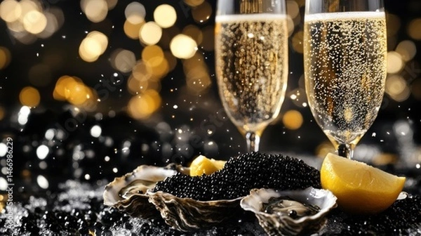 Fototapeta Two champagne flutes and oysters with black caviar and lemon slices against a sparkling bokeh background.