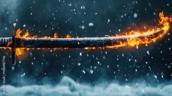 Fototapeta The powerful and fantastic impression of the legendary sword burning among the clouds of dust gives a sense of incredible power, anger or energy.