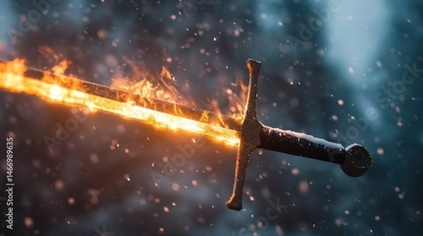 Fototapeta The powerful and fantastic impression of the legendary sword burning among the clouds of dust gives a sense of incredible power, anger or energy.