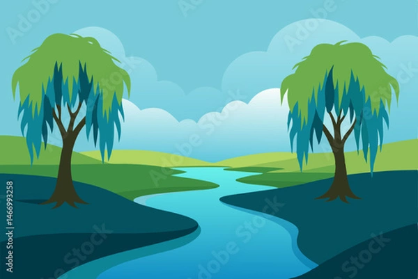 Obraz tranquil river scene with willow trees dipping 