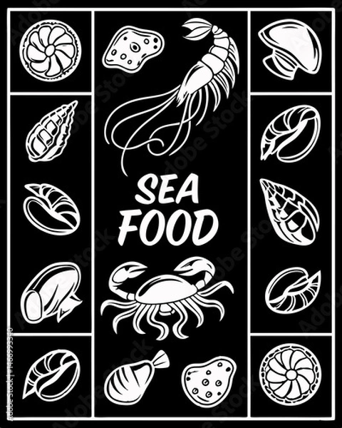 Fototapeta Delicious seafood graphics featuring various marine delicacies in black and white
