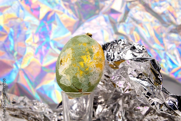 Fototapeta Whole bergamot ore a rotten lemon side-by-side on a shiny foil surface against a dark background. Food contrast