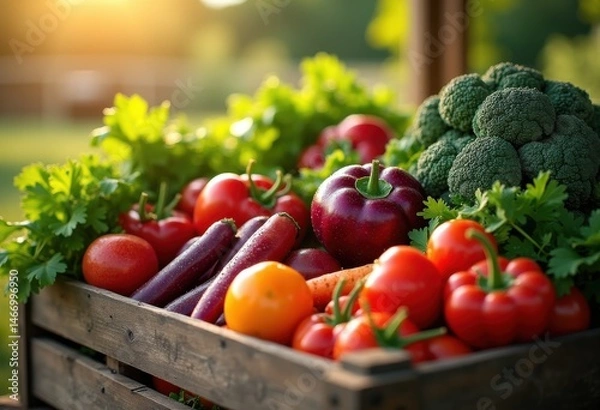 Fototapeta vibrant colorful vegetables freshly harvested displayed wooden crate organic produce healthy freshness, tomato, pepper, lettuce, radish, potato, eggplant