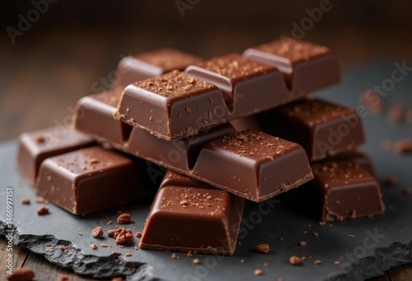 Fototapeta decadent luscious dark chocolate bars stacked slate background textured surface smooth finish, candy, snack, melt, bittersweet, cocoa, rich, sweet