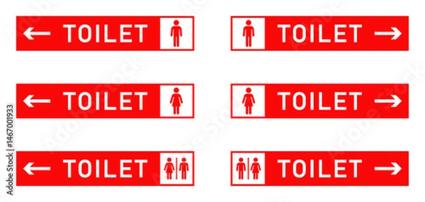 Fototapeta Set of red and white toilet signs with male, female, and unisex icons and directional arrows. Public spaces, airports, malls, and restrooms, wayfinding, or facility layout design. Vector illustration.
