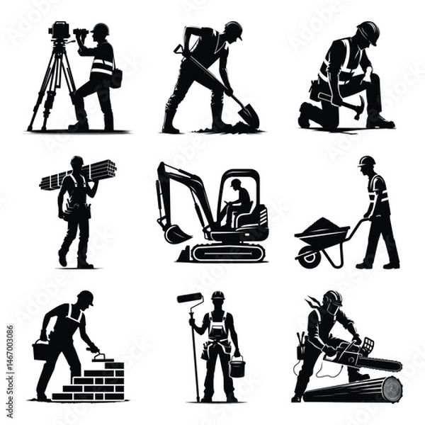 Fototapeta Construction worker bundle set collection vector illustration isolated on a white background