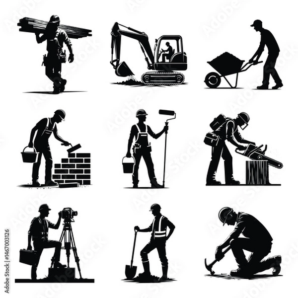 Fototapeta Construction worker bundle set collection vector illustration isolated on a white background