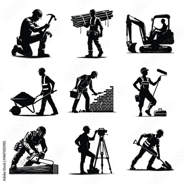 Fototapeta Construction worker bundle set collection vector illustration isolated on a white background