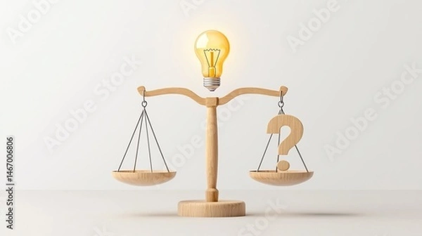 Fototapeta Question marketing risk. A lightbulb atop a wooden balance scale with a question mark symbolizes decision-making, ideas, and weighing options.