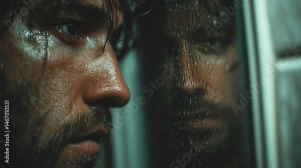 Obraz Man looking at his reflection in a misty shower mirror, close-up