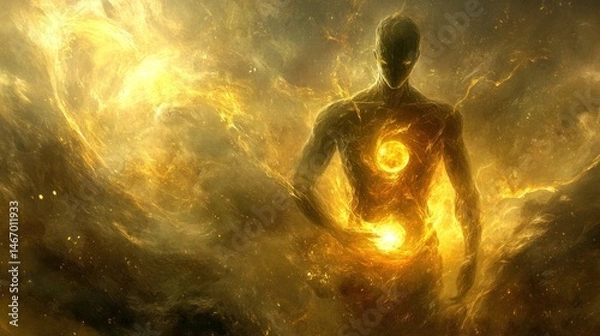 Fototapeta The glowing humanoid figure in the middle of an energy vortex conveys a sense of abstract spirituality that is expressed through radiating fantasy energy