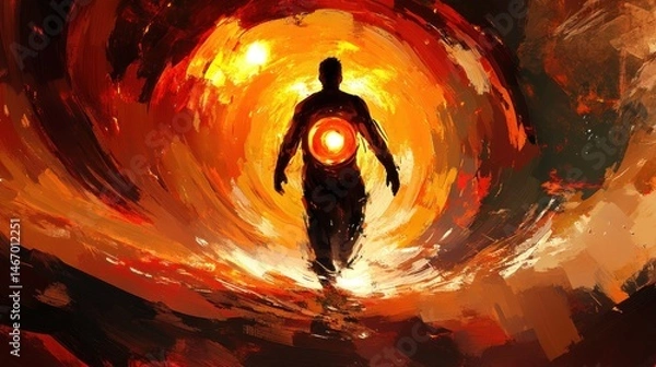 Fototapeta The glowing humanoid figure in the middle of an energy vortex conveys a sense of abstract spirituality that is expressed through radiating fantasy energy