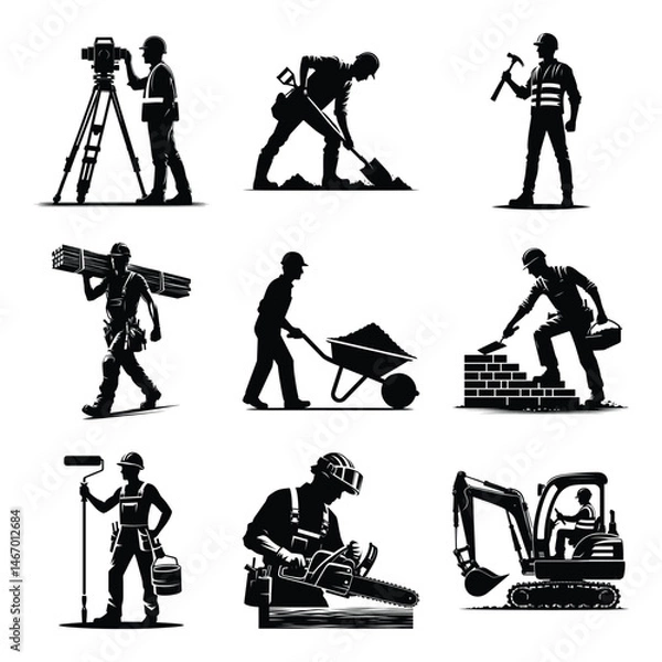 Fototapeta Different construction worker bundle set collection vector illustration isolated on a white background