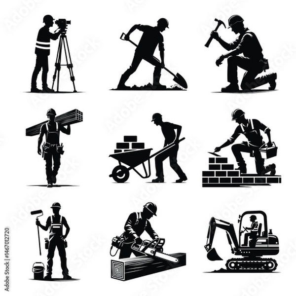Fototapeta Different construction worker bundle set collection vector illustration isolated on a white background
