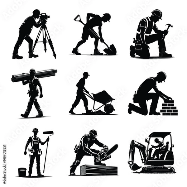 Fototapeta Different construction worker bundle set collection vector illustration isolated on a white background