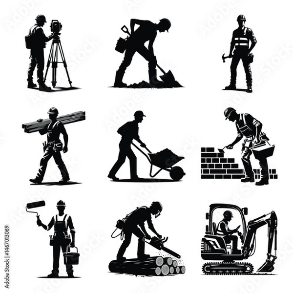 Fototapeta Different construction worker bundle set collection vector illustration isolated on a white background