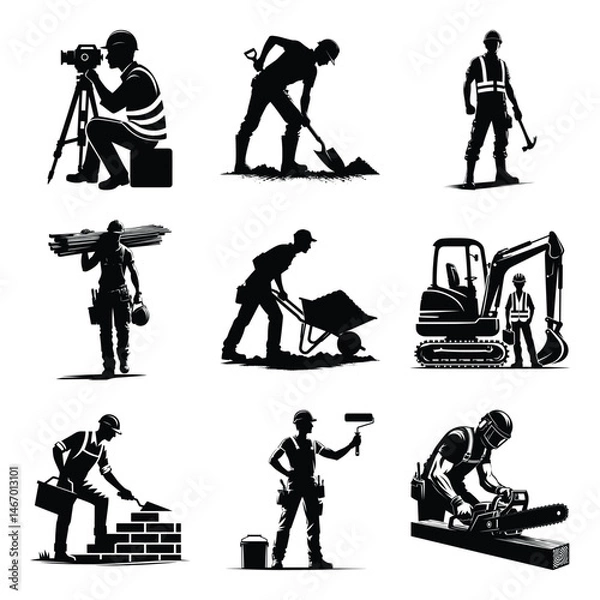 Fototapeta Different construction worker bundle set collection vector illustration isolated on a white background