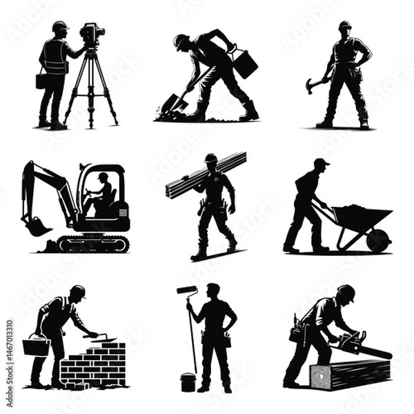 Fototapeta Different construction worker bundle set collection vector illustration isolated on a white background