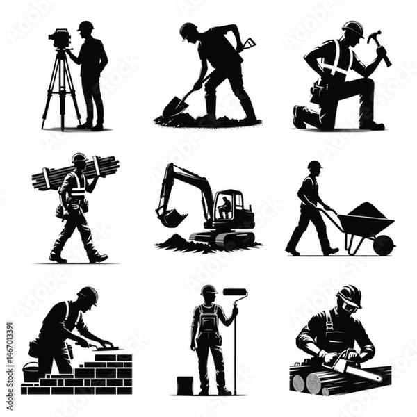 Fototapeta Different construction worker bundle set collection vector illustration isolated on a white background