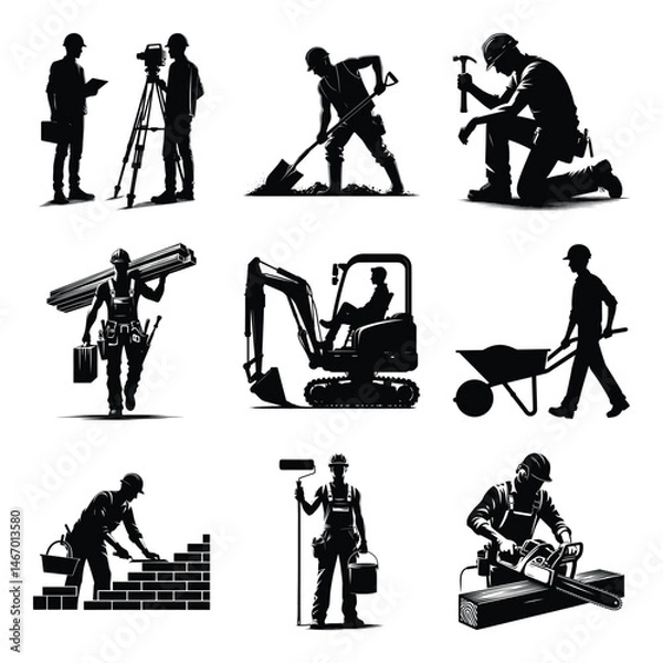 Fototapeta Different construction worker bundle set collection vector illustration isolated on a white background