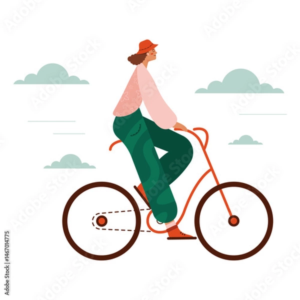Fototapeta Stylish vector illustration of a woman riding a bicycle on a sunny day. Minimal flat design with soft colors and motion elements. Perfect for eco lifestyle themes, cycling promotions, wellness content