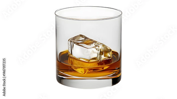 Fototapeta Single Clear Glass with Ice Cube and Amber Whiskey on Transparent Background
