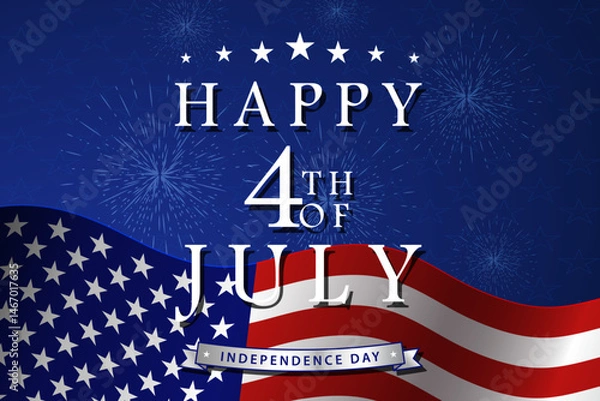 Fototapeta Happy 4th of July background with US national flag, fireworks and stars. USA Independence Day. Vector illustration.