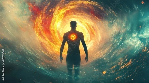 Fototapeta The glowing humanoid figure in the middle of an energy vortex conveys a sense of abstract spirituality that is expressed through radiating fantasy energy