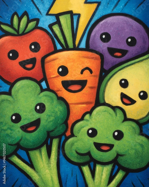 Fototapeta different vegetables with smiling faces and superpowers