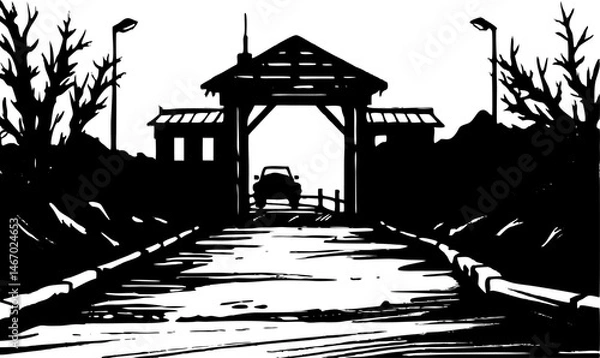Fototapeta Depict the eerie atmosphere of a deserted military checkpoint.