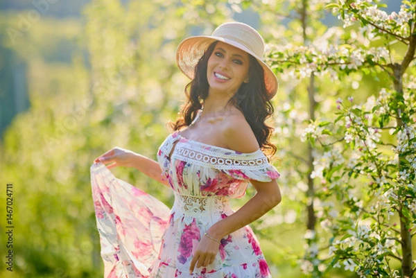 Fototapeta portrait of a beautiful woman in a dress in a blooming apple orchard enjoying a sunny spring day