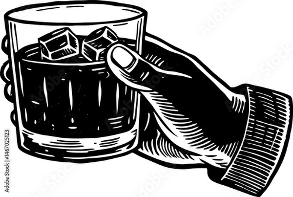 Fototapeta hand and glass filled with whiskey and ice cubes, indicating a moment of relaxation or celebration sketch linocut vector
