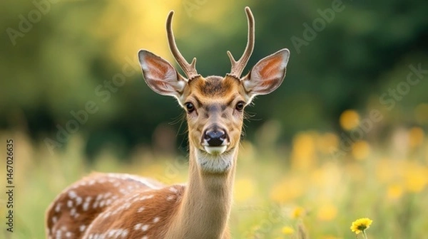 Fototapeta A young deer with antlers stands in a sunlit, grassy field, surrounded by wildflowers and a blurred green background.