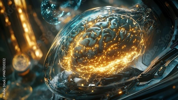 Fototapeta Futuristic Glowing Brain in Glass Orb Neural Network AI Technology Concept