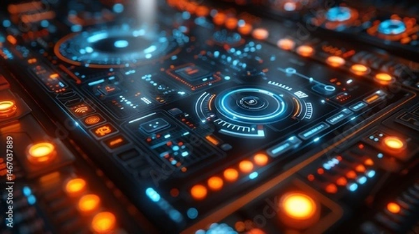 Obraz Futuristic Technology Interface: A Close-Up View of a Sleek, High-Tech Control Panel with Glowing Blue and Orange Lights